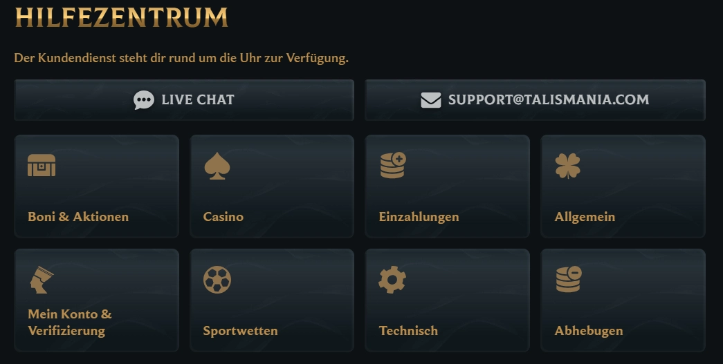 Talismania Casino Hilfezentrum mit Live Chat Support und verschiedenen Kategorien