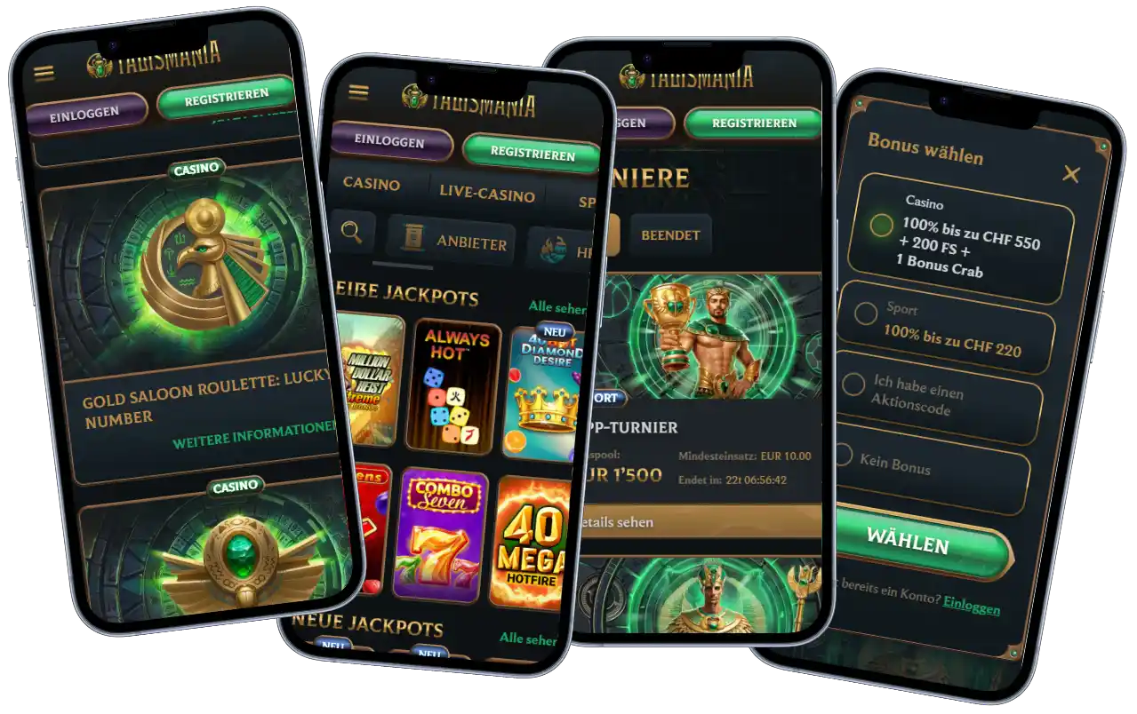 Talismania Casino mobile Ansicht auf Smartphones mit Spielen Bonus und Benutzeroberfläche