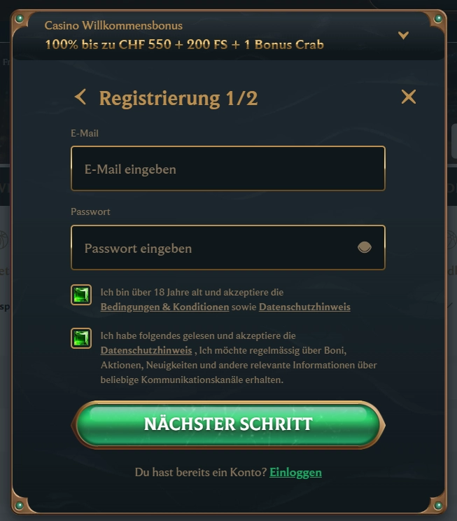 Talismania Casino Registrierung Formular mit E Mail Passwort und Willkommensbonus Anzeige