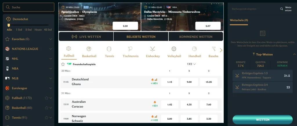 Talismania Casino Sportwetten Bereich mit Live Wetten Quoten und verschiedenen Sportarten