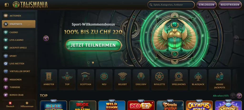 Talismania Casino Startseite mit Willkommensbonus Navigation und Spiele Kategorien Übersicht